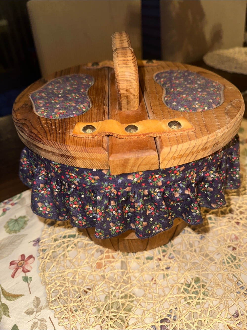 Vintage Wooden Sewing Basket with Navy Floral Fabric Trim